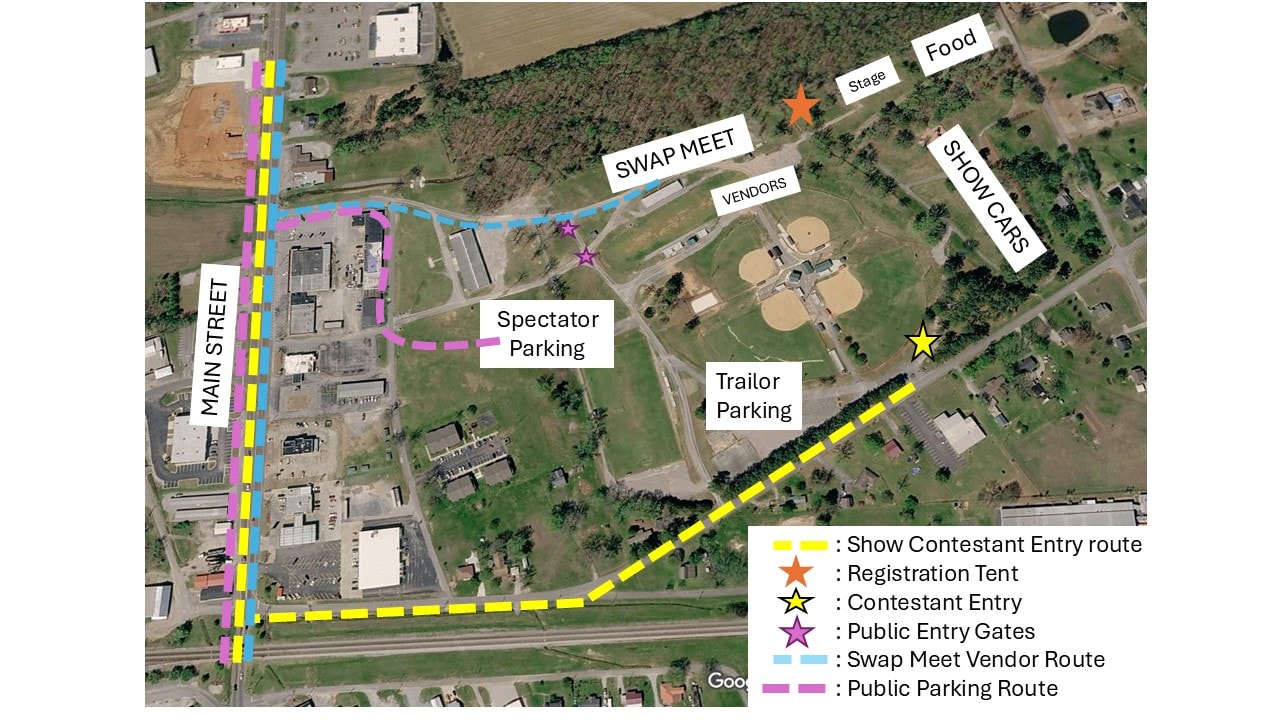 Ardmore Car and Truck Show venue map showing entry routes for show contestants, swap meet vendors, public parking, food vendors, stage, and spectator areas